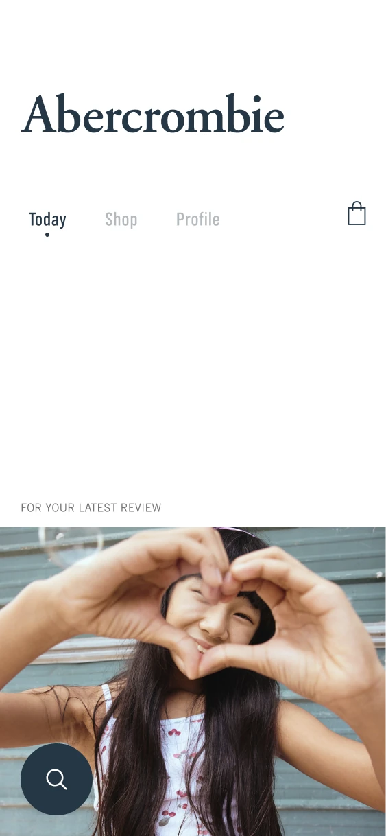 Abercrombie home screen introducing a review-related offer above an editorial image.