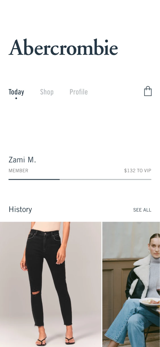 Abercrombie profile screen with membership progress and previously viewed products in History.