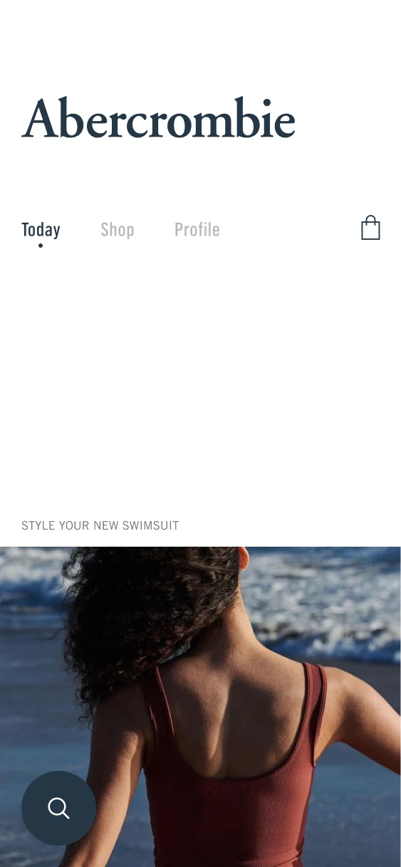 Abercrombie Today screen with swimwear editorial content and a circular search control.