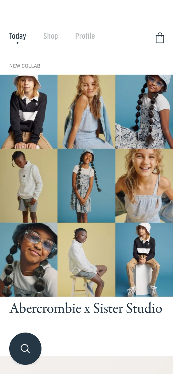 Abercrombie x Sister Studio editorial module showing a grid of children in coordinated outfits.