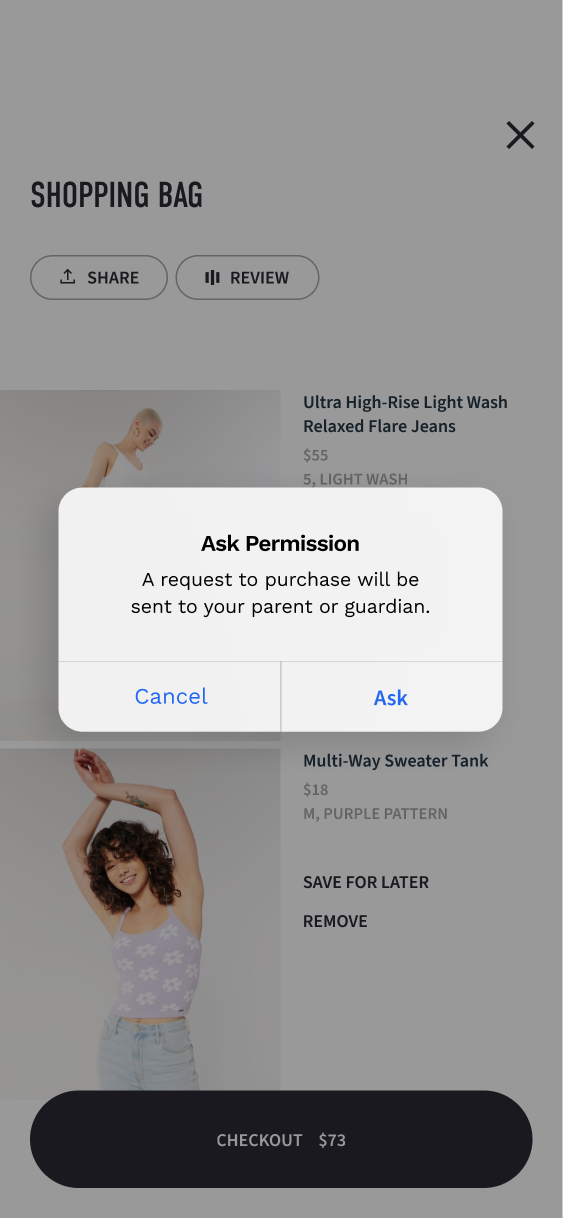 Ask Permission confirmation dialog over the shopping bag, explaining that a purchase request will be sent to a parent or guardian.