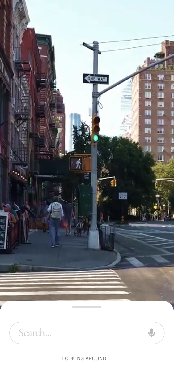Camera view of a city street with a compact search sheet at the bottom.