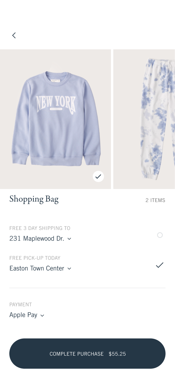 Checkout screen for two items with shipping and store-pickup options, Apple Pay and a Complete Purchase button.