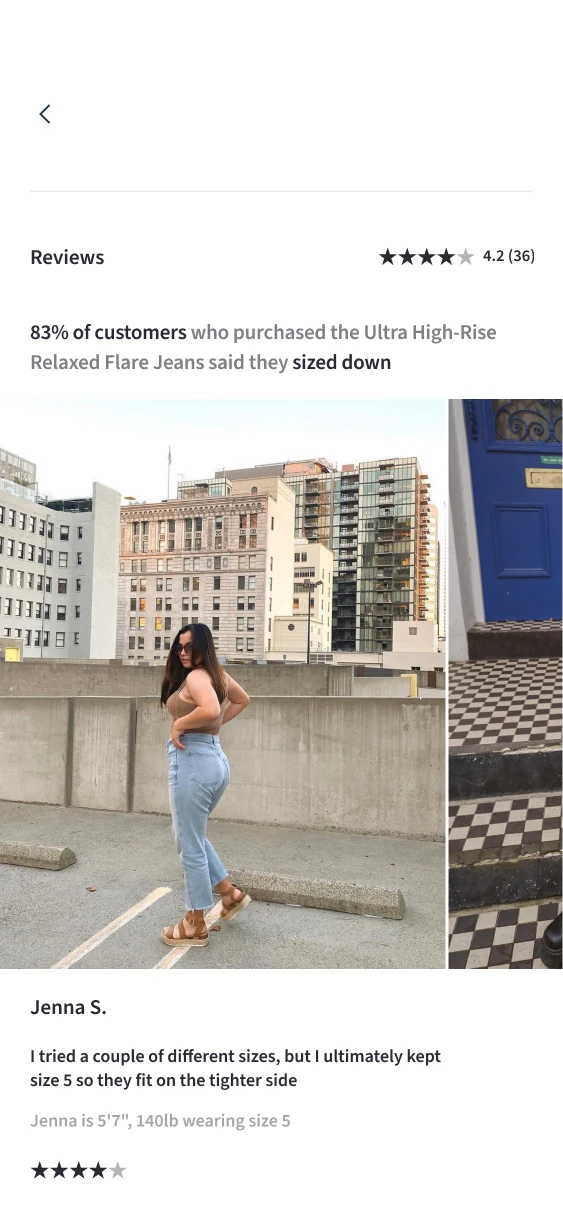 Customer review section with model photography, written sizing feedback and a star rating.