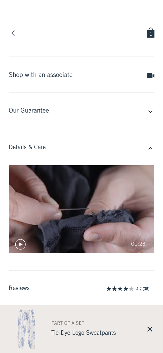 Expanded Details and Care section with a video while the matching sweatpants recommendation remains visible.