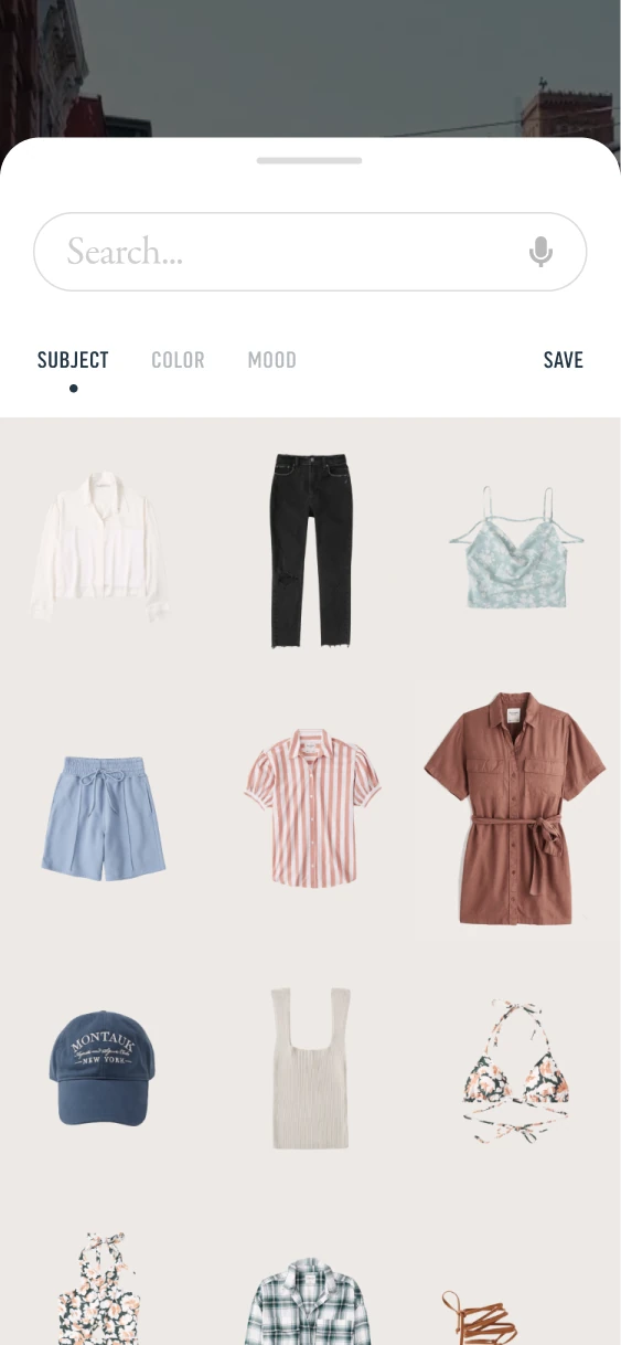 Expanded visual-search results with Subject, Color and Mood controls and a grid of clothing.