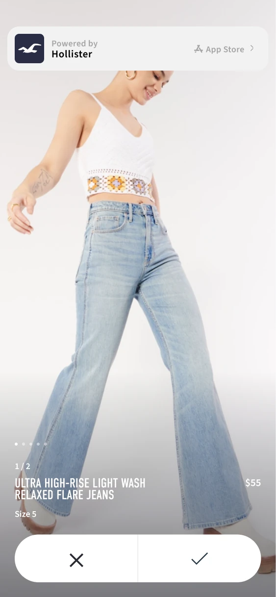Full-screen review of the requested jeans with individual reject and accept controls.