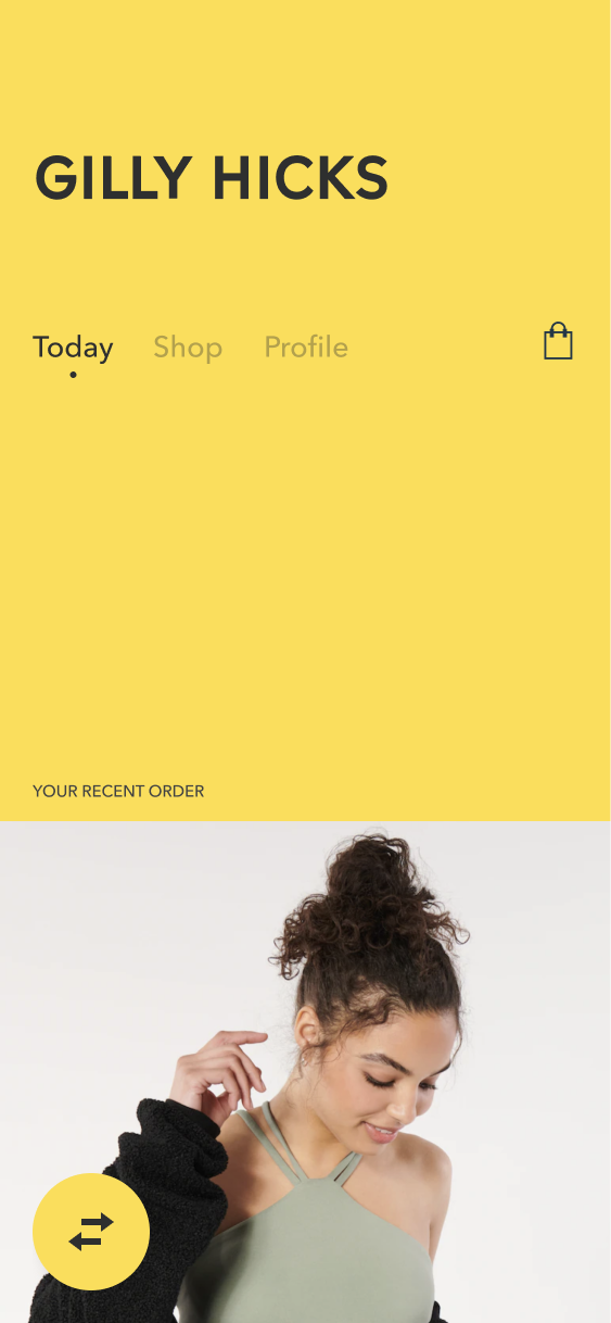 Gilly Hicks home screen with a recent-order module and sports-bra photography.