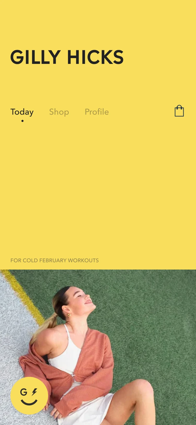 Gilly Hicks home screen with a yellow background, shared navigation and activewear photography.