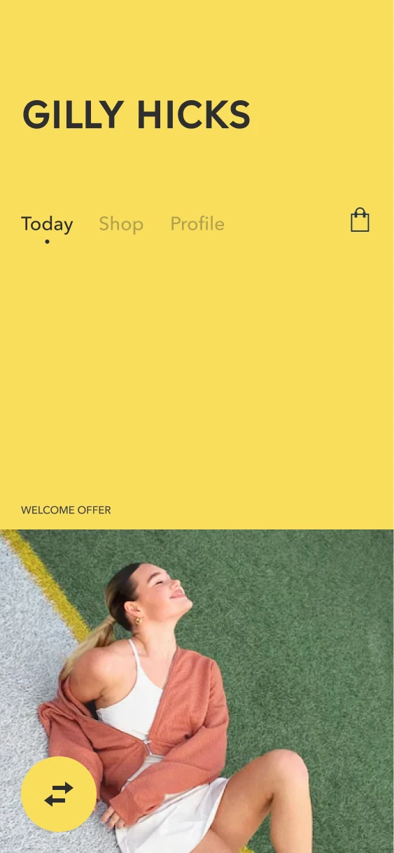 Gilly Hicks home screen with yellow branding, shared navigation and a welcome-offer image.