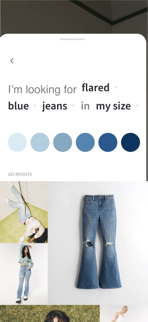 Guided search reading flared blue jeans in my size, with blue color swatches and product results.