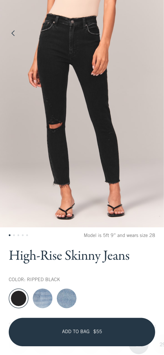 High-Rise Skinny Jeans product screen with product photography, color choices and an Add to Bag button.