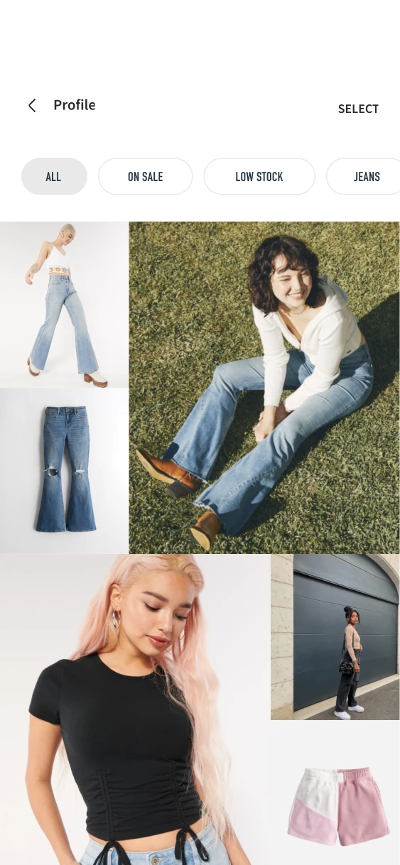 History grid with All, On Sale, Low Stock and Jeans filters and a Select action.