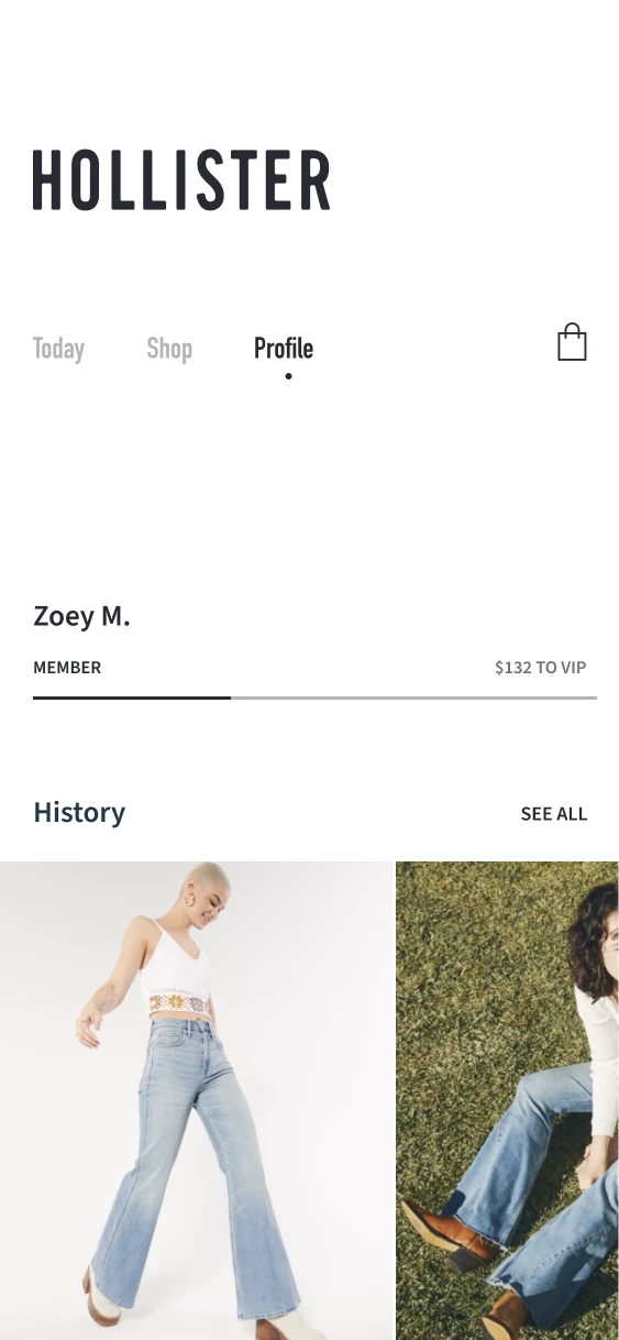 Hollister profile with previously viewed jeans displayed in History.