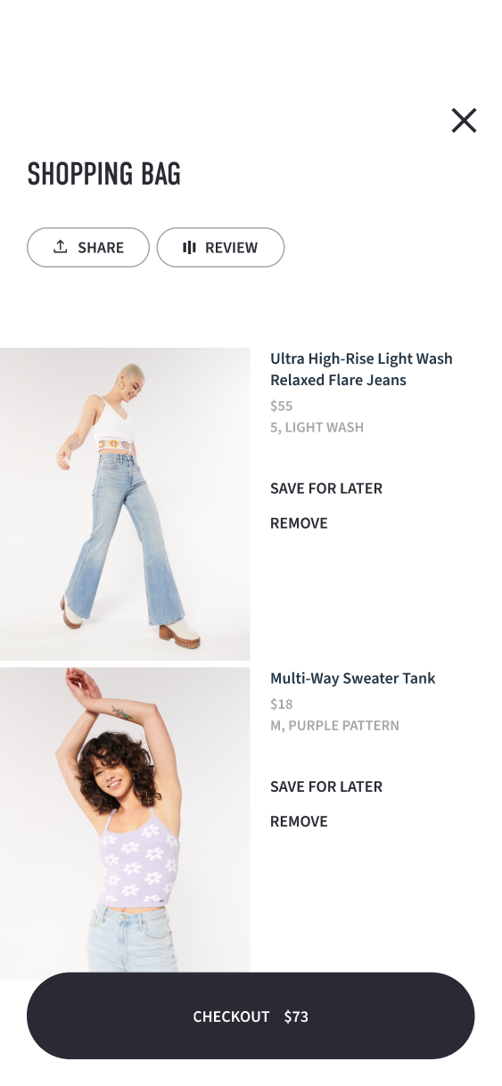 Hollister shopping bag containing jeans and a sweater tank, with Share, Review and Checkout controls.