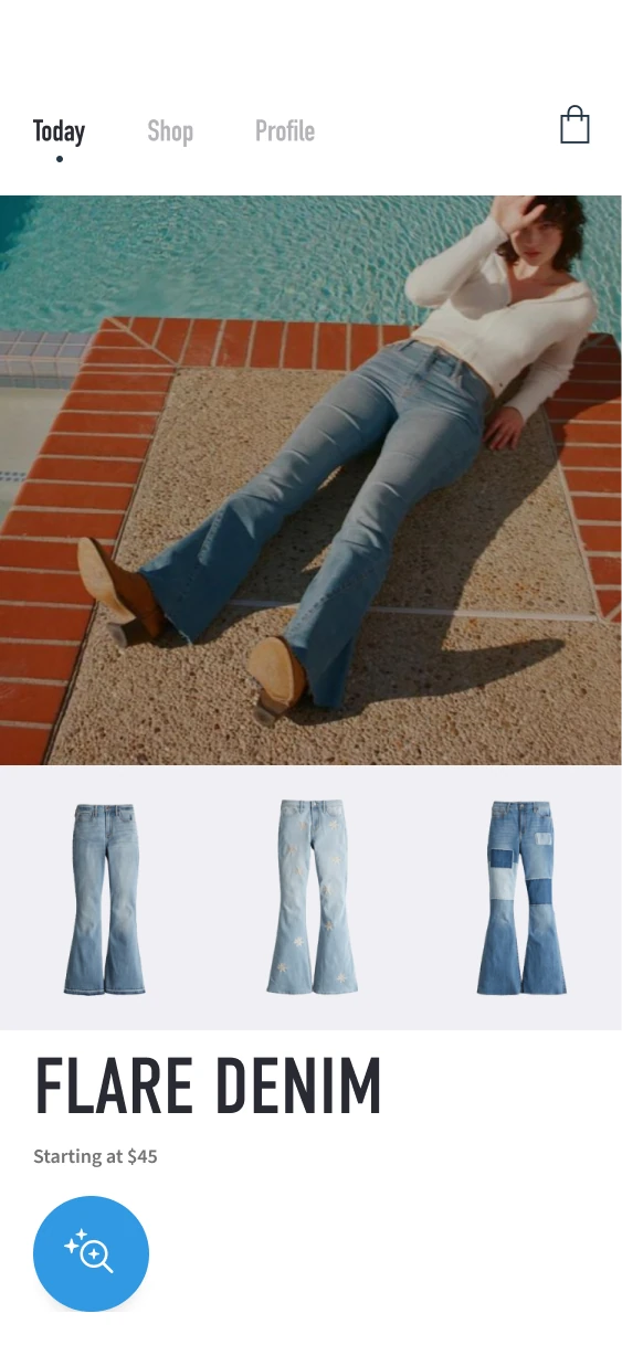 Hollister Today feed showing a flare-denim campaign with product thumbnails.