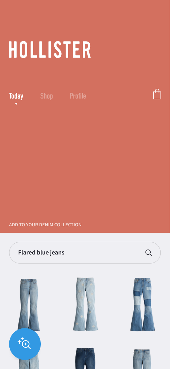 Hollister Today screen with a saved flared-blue-jeans query and related products.
