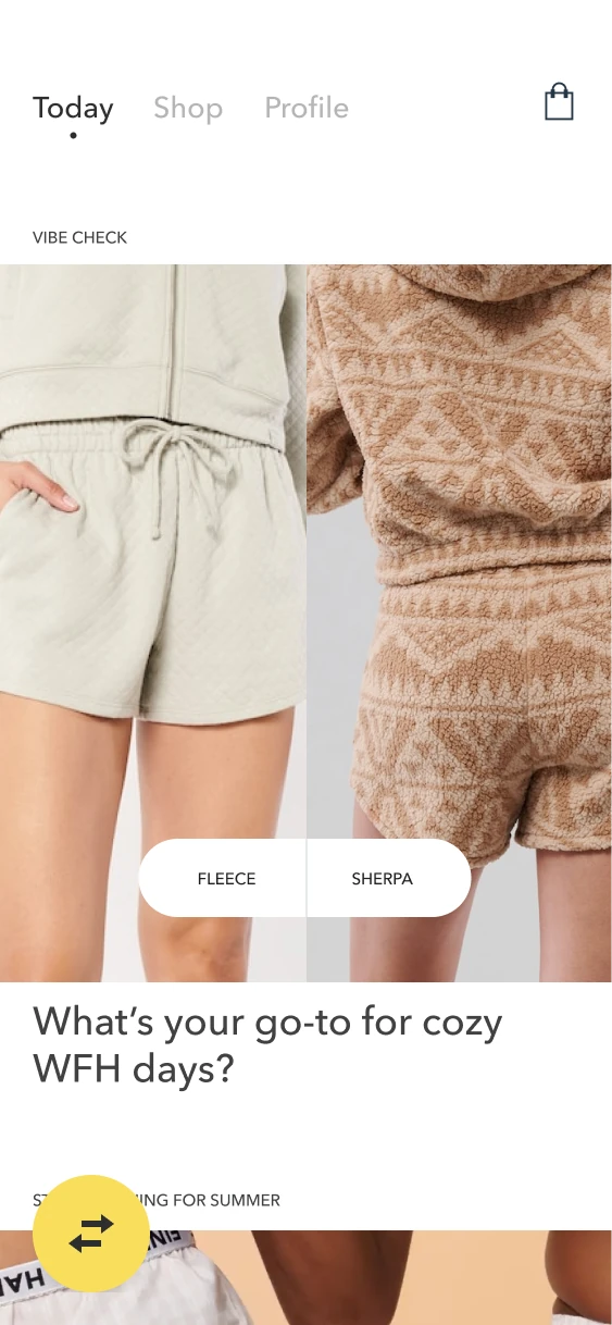 Interactive Today module asking about cozy clothing preferences with Fleece and Sherpa choices.