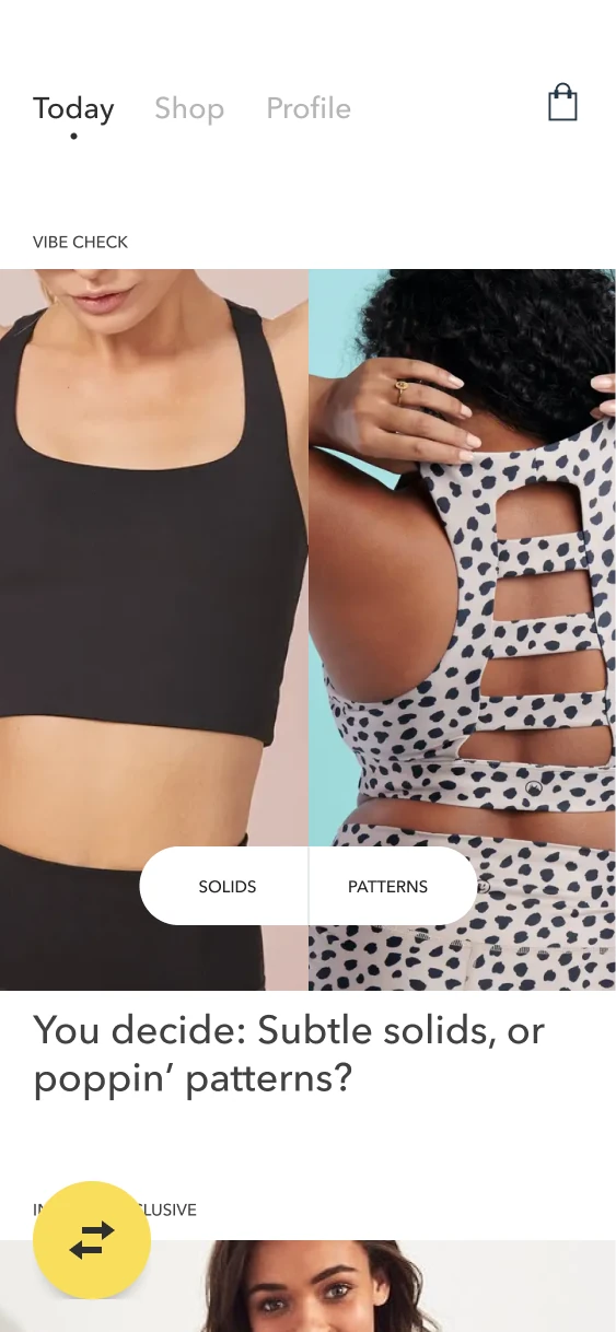 Interactive Today module offering Solids and Patterns choices alongside clothing photography.