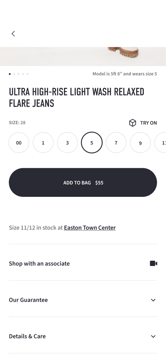 Jeans purchase controls followed by store availability, associate help and expandable guarantee and care sections.