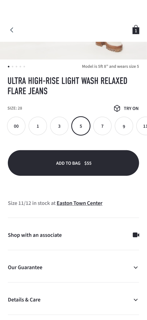 Jeans size selector and Add to Bag button above store availability and product-information sections.
