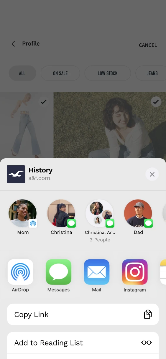 Native phone share sheet over the selected product history, offering contacts, Messages, Mail and other destinations.