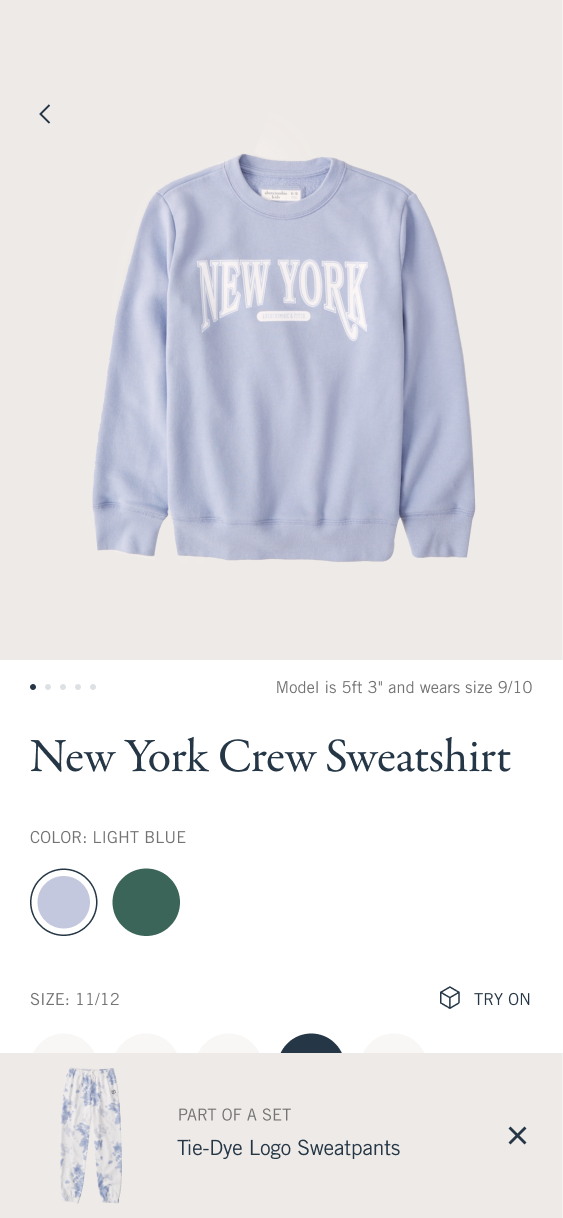 New York Crew Sweatshirt product screen with color choices and a persistent Part of a Set recommendation for sweatpants.