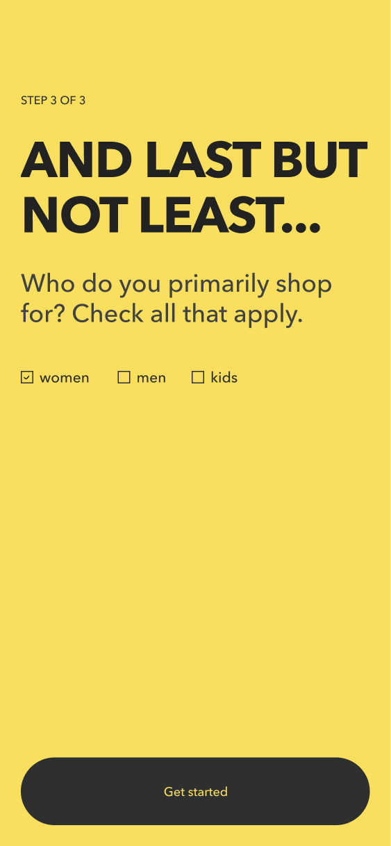 Onboarding screen asking who the shopper primarily shops for, with women, men and kids checkboxes.