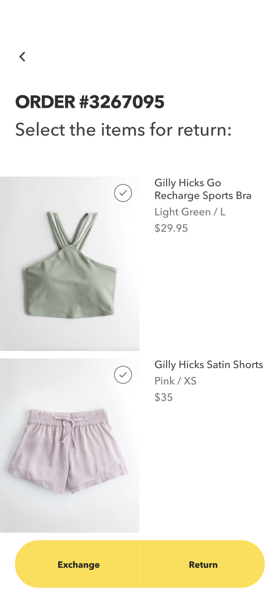 Order-return screen showing a sports bra and satin shorts with selection checkmarks and Exchange and Return actions.