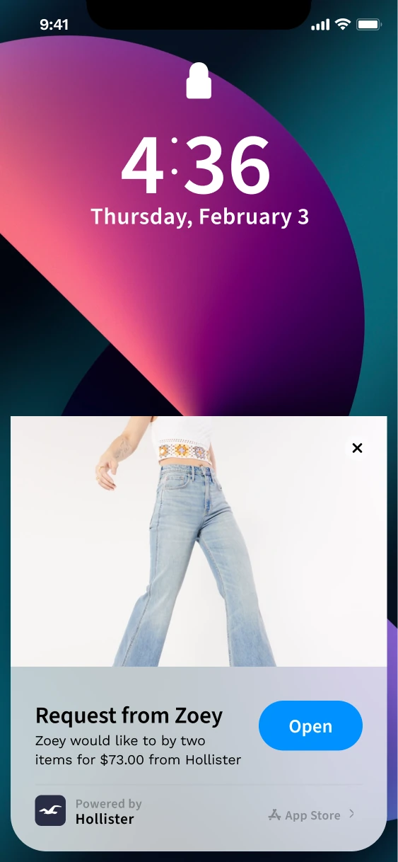 Phone lock screen with a Hollister purchase request showing a jeans preview and an Open button.