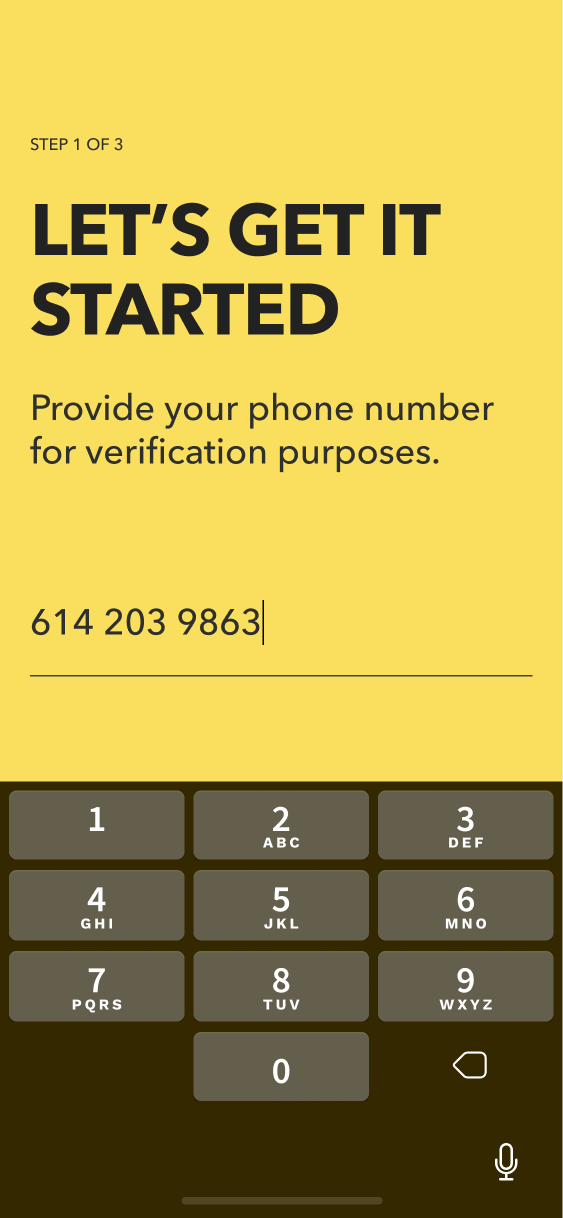 Phone-number onboarding screen with the field populated and the numeric keyboard visible.