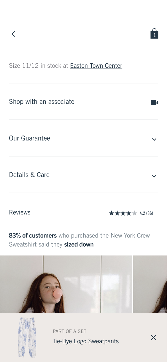 Product detail section with store availability, an associate link, expandable product information and sizing feedback from reviews.