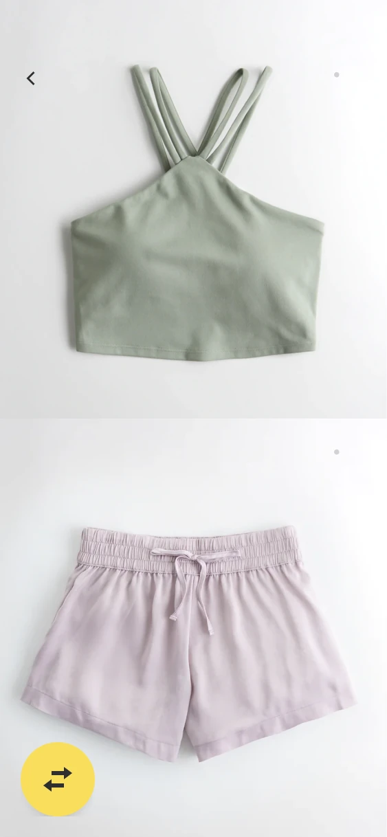 Product imagery showing a green sports bra above coordinating satin shorts.