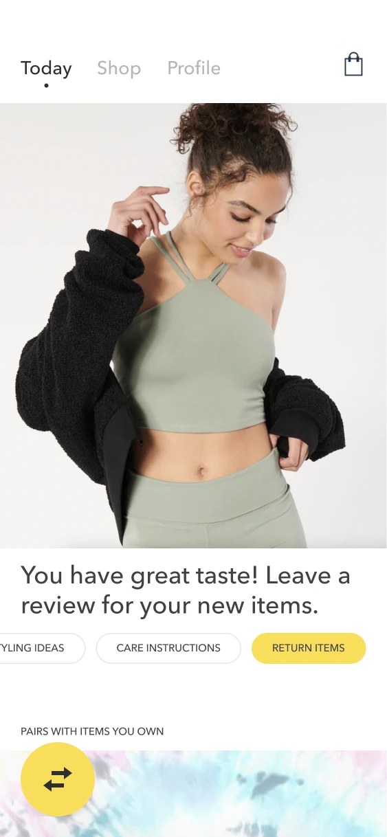 Recent-purchase module with review messaging, styling ideas, care instructions and a Return Items action.