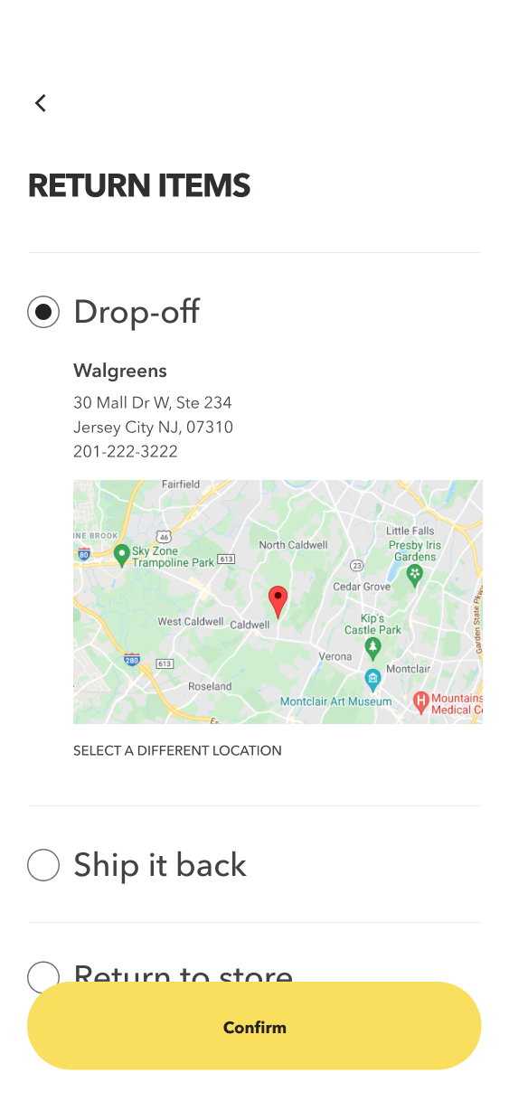 Return-method screen showing a selected drop-off location and map, with Ship It Back, Return to Store and Confirm controls.