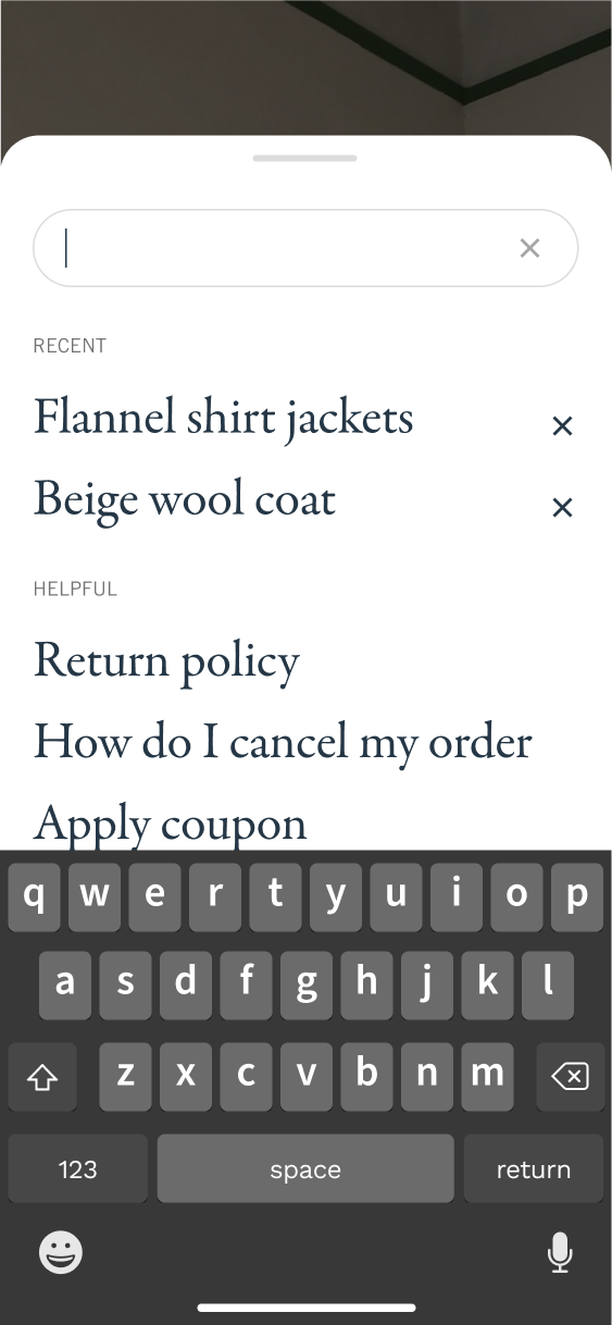 Search sheet with recent queries, helpful service links and the onscreen keyboard.