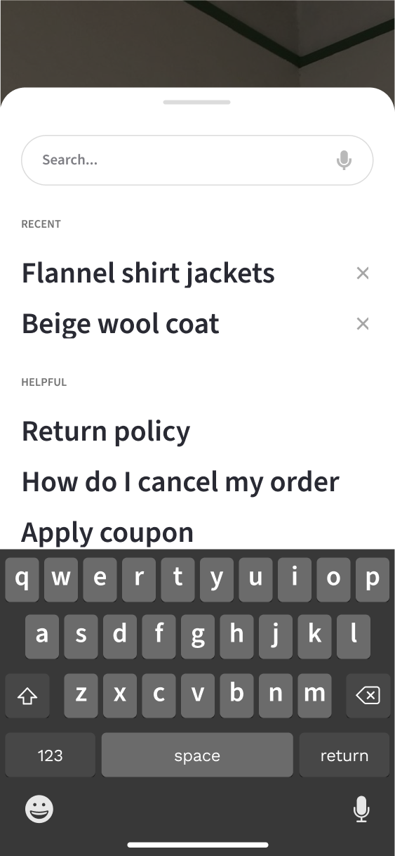 Search sheet with recent searches, service links and the onscreen keyboard.