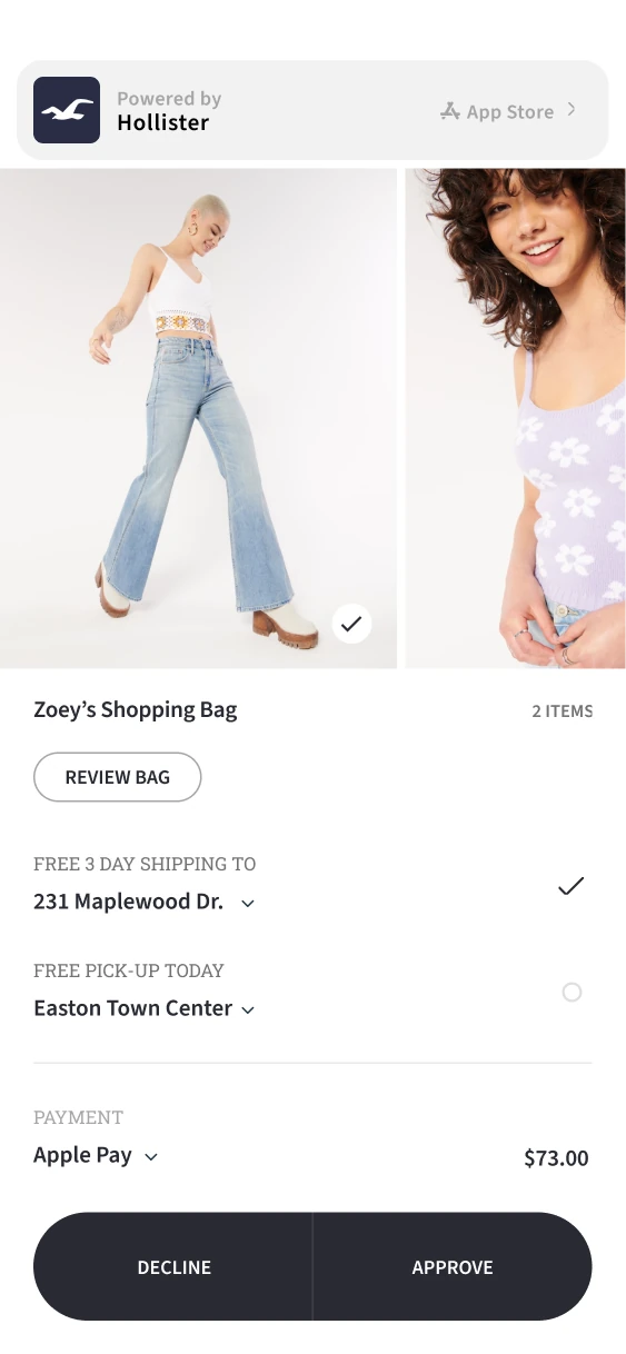 Shared checkout showing two requested items, delivery and pickup options, Apple Pay, and Decline and Approve buttons.