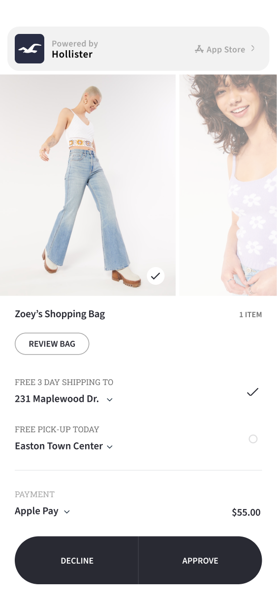 Shared checkout updated to one selected item, with fulfillment choices, revised total and Decline and Approve buttons.