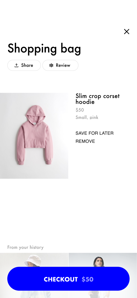 Shopping bag containing the selected hoodie, with Share, Review and Checkout controls.