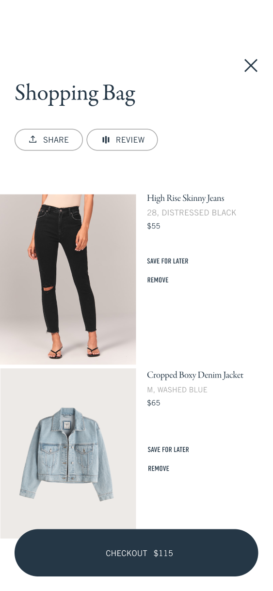 Shopping bag showing jeans and a cropped denim jacket, with Share, Review and Checkout controls.