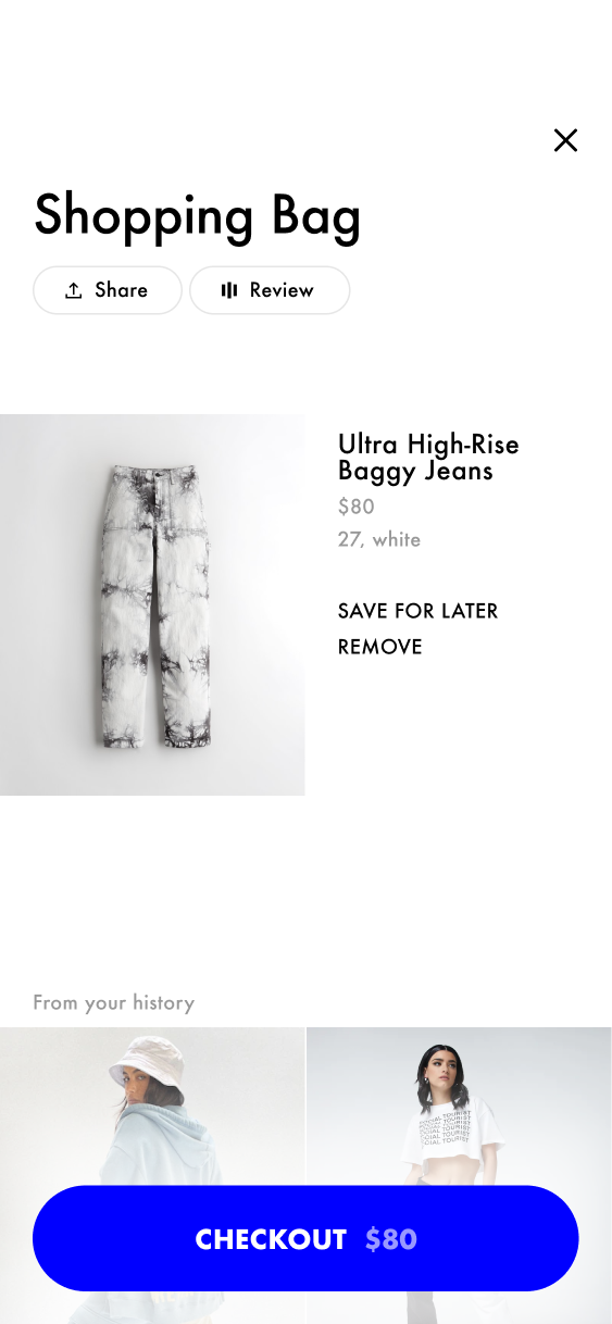 Shopping bag with the selected jeans, Share and Review controls and recommendations from browsing history.