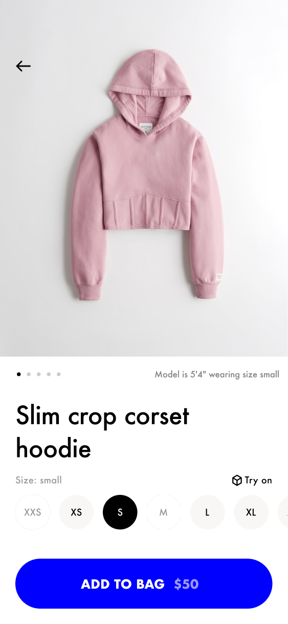 Slim crop corset hoodie product screen with color and size choices, Try On and Add to Bag.