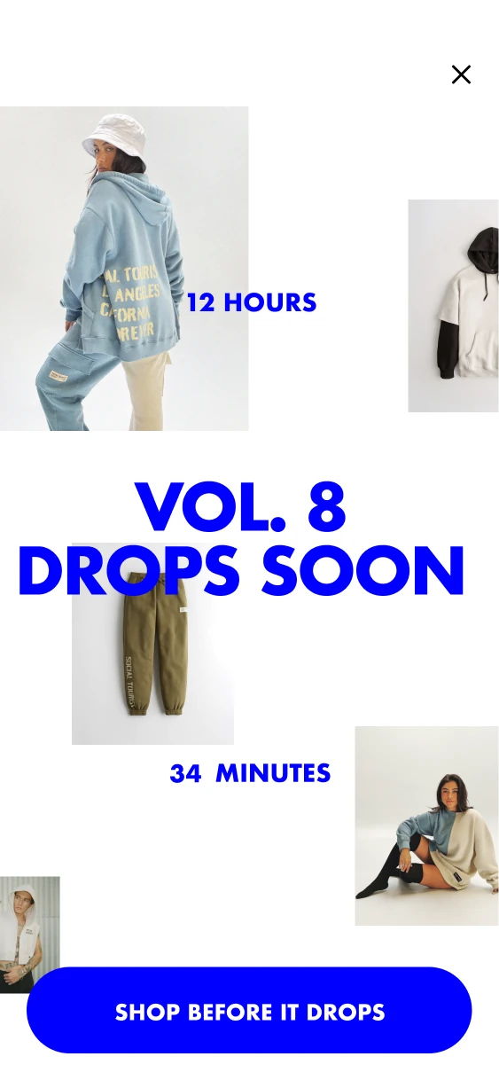 Social Tourist early-access screen with upcoming clothing drops, countdown labels and a Shop Before It Drops button.