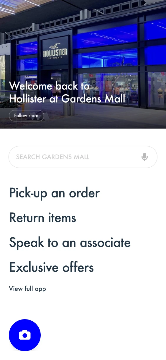 Store-specific welcome screen with search, pickup, returns, associate help and a camera control.