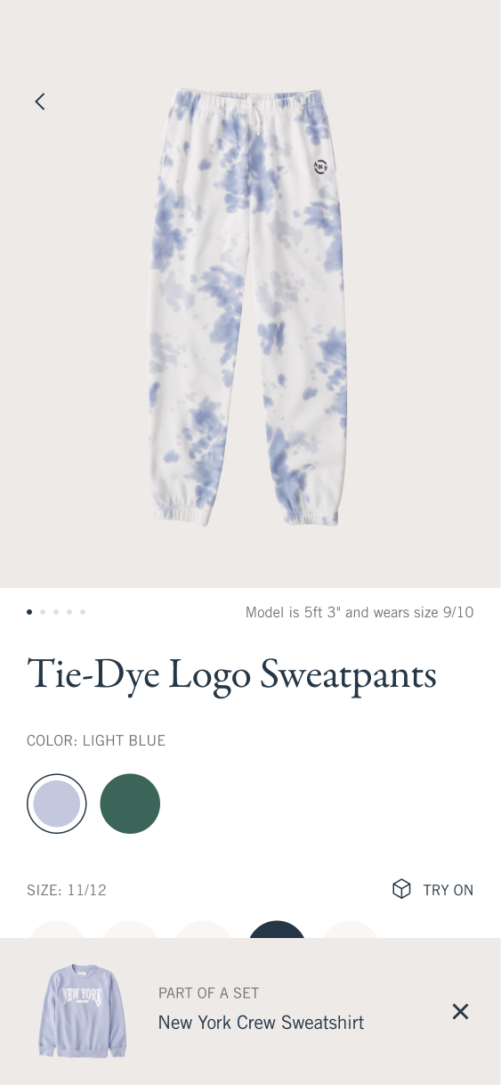 Tie-Dye Logo Sweatpants product screen with color options and a reciprocal recommendation for the sweatshirt.