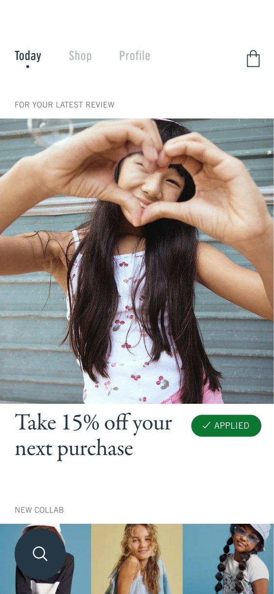 Today feed with a 15-percent offer marked Applied above collaboration content.
