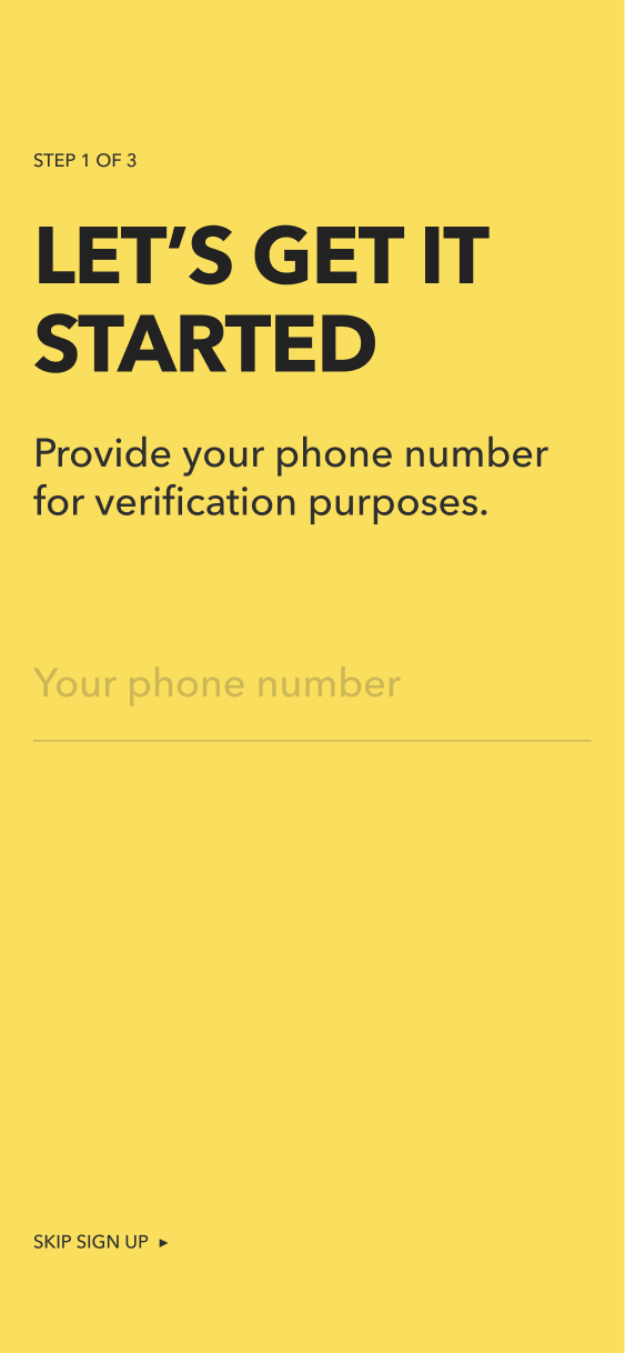 Yellow onboarding screen requesting a phone number for verification, with an option to skip signup.