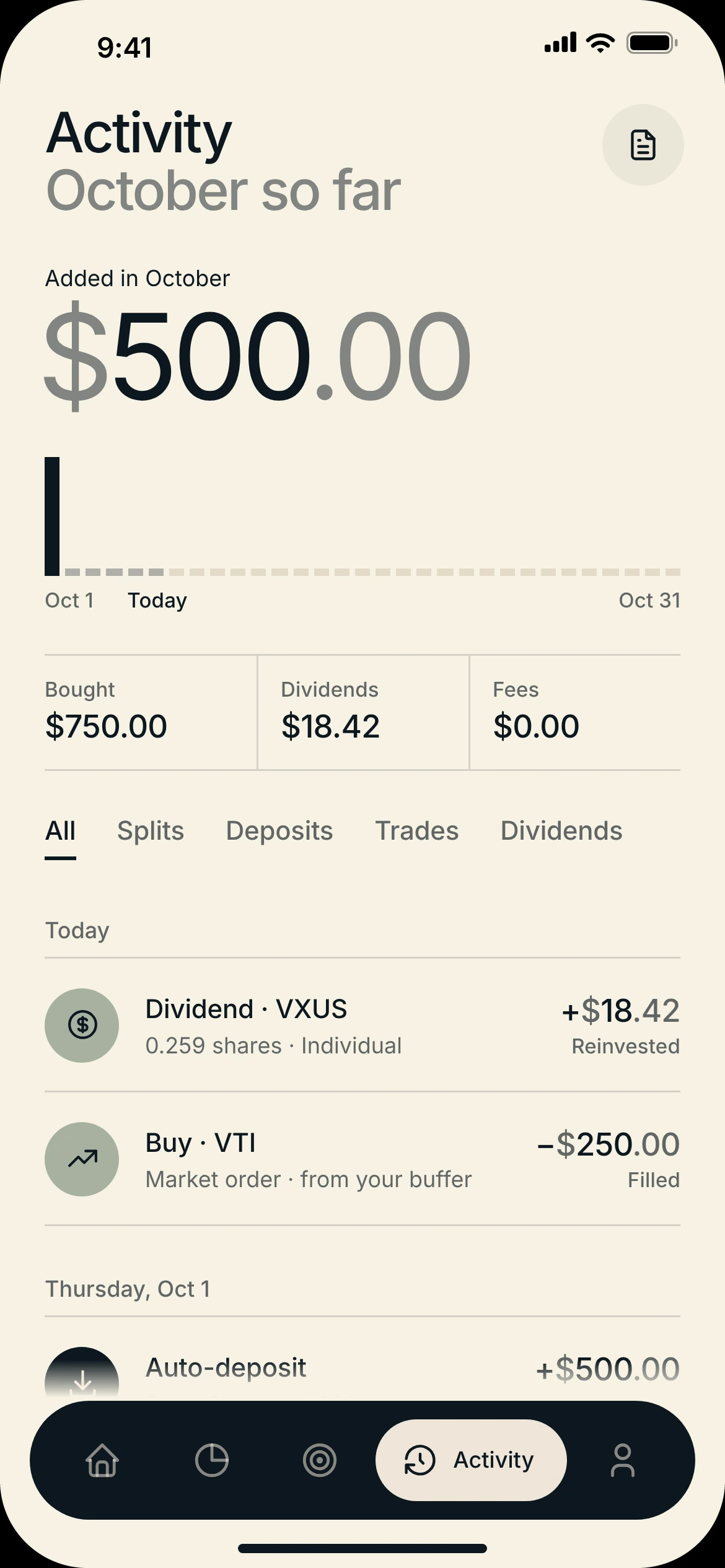 Activity on paper, October so far: $500 added, bought, dividends and fees, filters for splits, deposits, trades and dividends, then a ledger with a reinvested dividend, a VTI buy from the buffer and the monthly auto-deposit