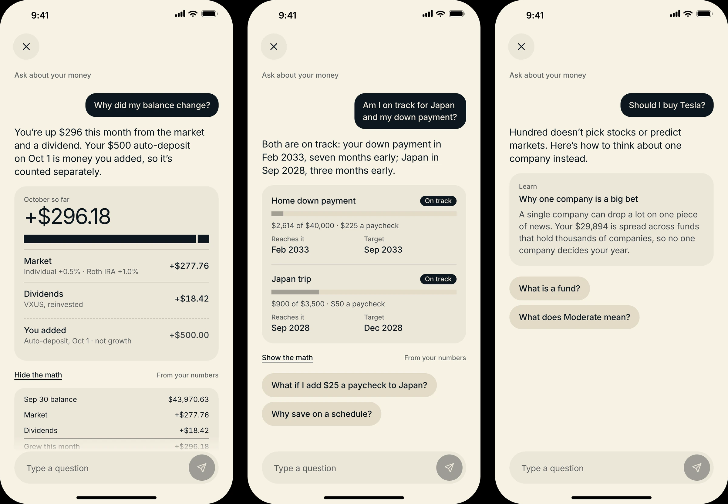 Three Ask answers on paper: why the balance changed, with a card splitting the change into market, dividends and money added and the math below; whether the down payment and Japan goals are on track, with two goal cards; and a friendly no to Should I buy Tesla, with a teach card on why one company is a big bet